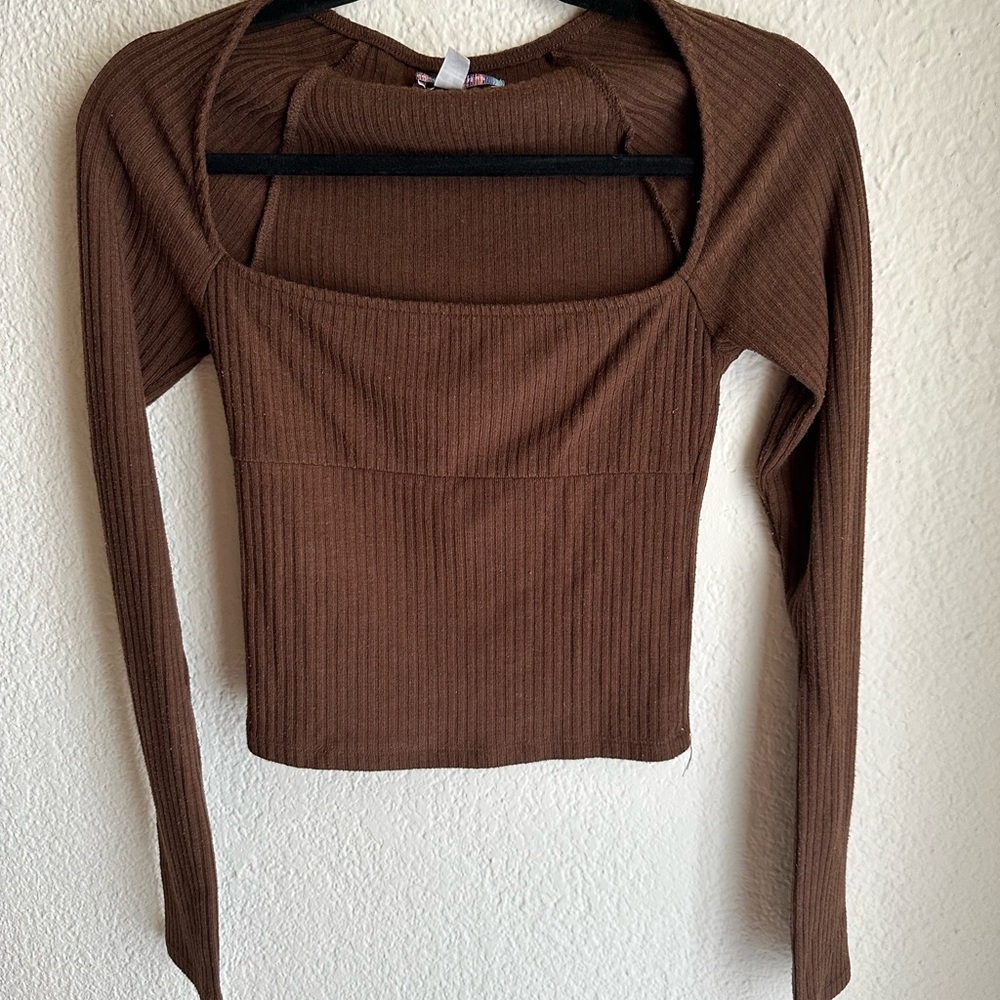 Brown Ribbed Long Sleeve Top